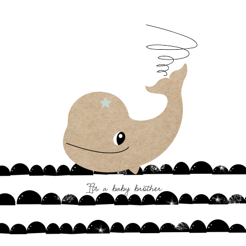 Zwart wit geboortekaartje broertje kraft walvis en half moon