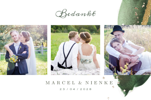 Dubbele foto bedankkaart trouwen watercolor parelmoer groen