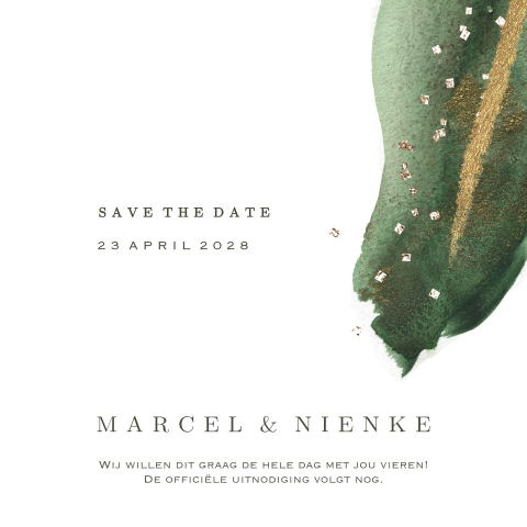 Groene verf streep met goudlook save the date kaart