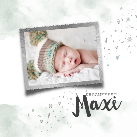 Romantisch kraamfeest kaartje met zilverkleurig fotolijstje