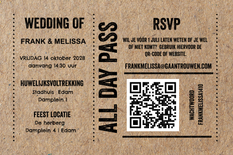 Festival ticket trouwkaart met qr code