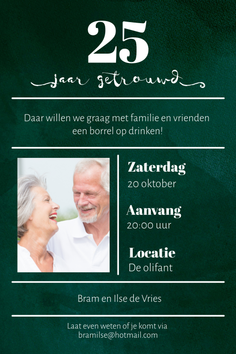 Enkele foto uitnodiging 25 jaar getrouwd groen
