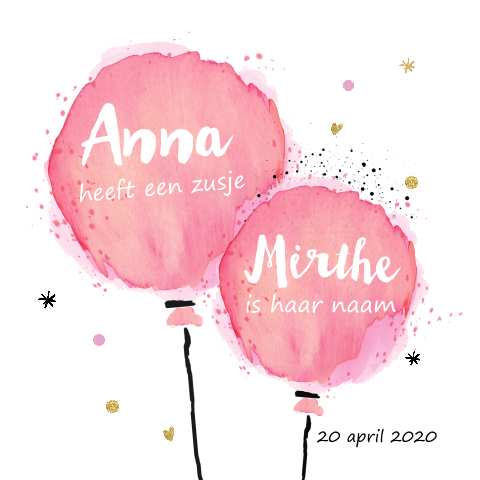 Schattig geboortekaartje zusje in pastel met ballonen