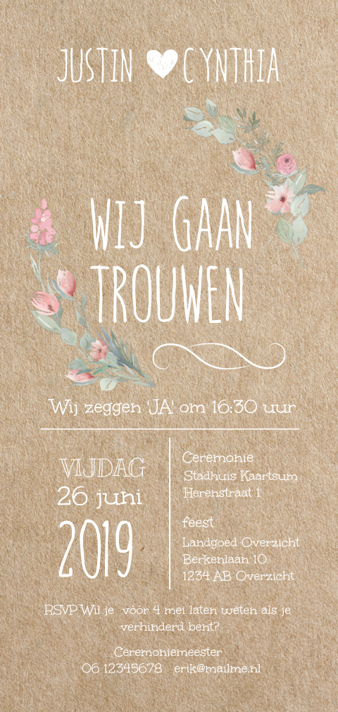 Romantische kraft trouwkaart watercolor bloemen