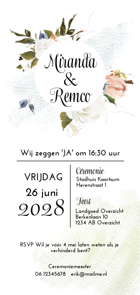 Hippe staande olieverf bloemen trouwkaart zelf maken