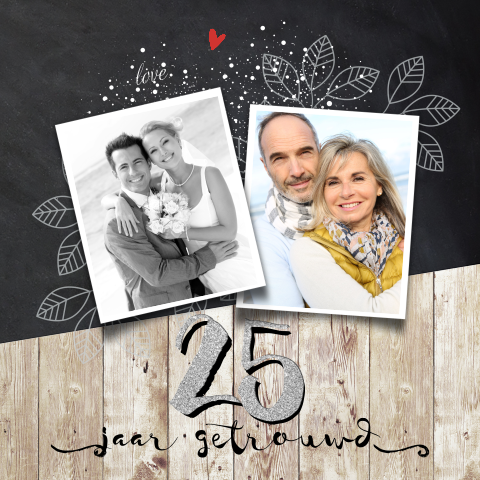 Jubileum uitnodiging 25 jaar getrouwd hout en krijtbord