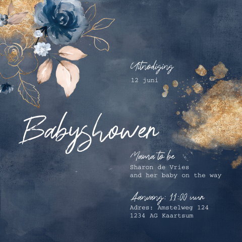 Lieve babyshowerkaart meisje donkerbblauwe loemen