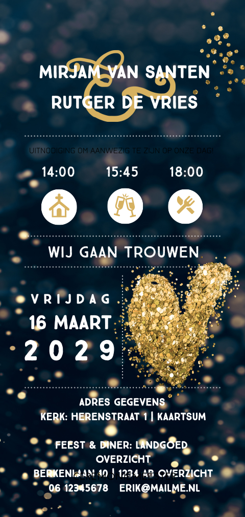 Uniek donkerblauw trouwkaart goud glitter hart en icons