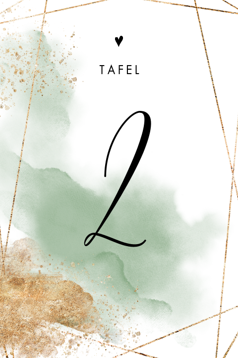Industrieel tafelnummer kaart aquarel groen en goudlook