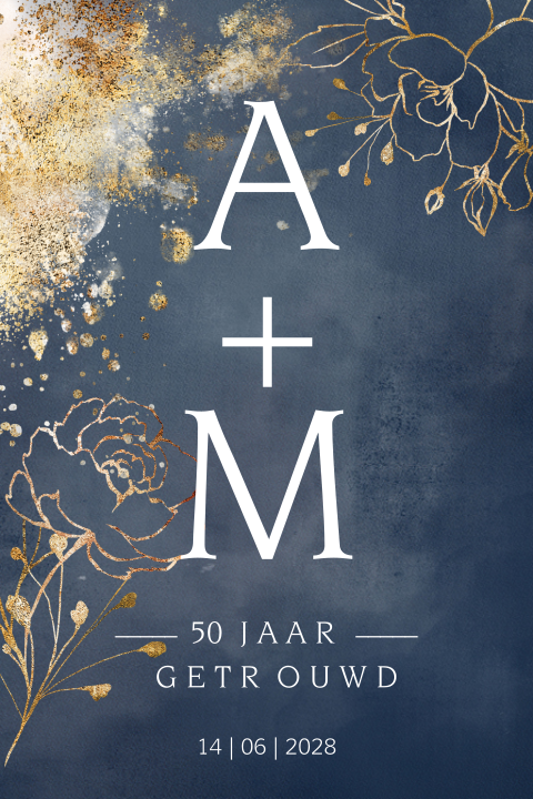 Uitnodiging huwelijksjubileum donkerblauwe ondergrond en goudlook