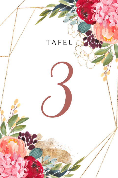Tafelnummer kaart bonte bloemen terra watercolor trouwen