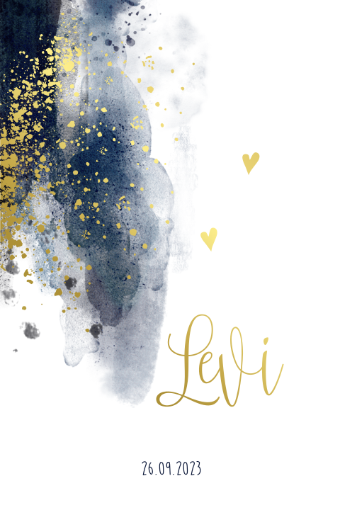 Geboortekaartje jongen acrylverf goudfoliedruk blauw