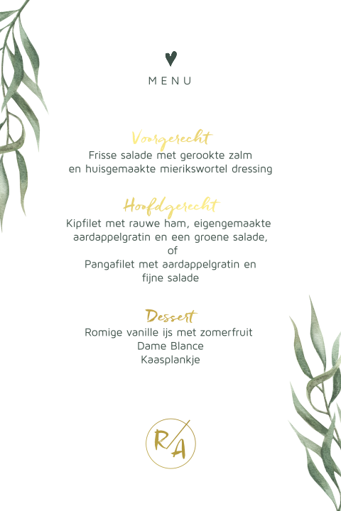 Botanisch menu kaart trouwen met écht goudfolie