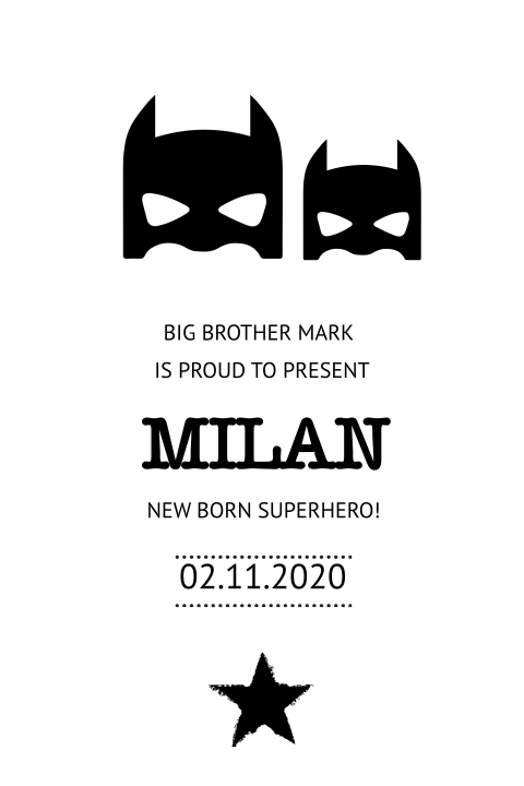 Enkel geboortekaartje voor een broertje met masker en ster