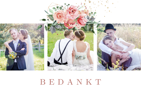 Enkel foto bedankkaart trouwen watercolor roze rozen