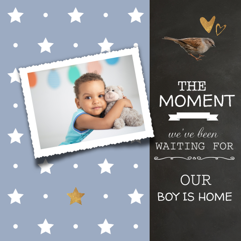 Modern foto adoptiekaartje jongen krijtbord, ster en vogel