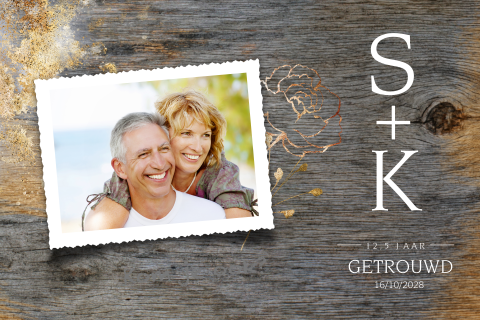 Uitnodiging 12,5 jarig huwelijksjubileum houtlook ondergrond en goud