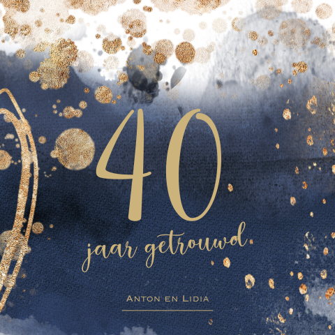 Stoere watercolor uitnodiging jubileum blauw 40 goud look