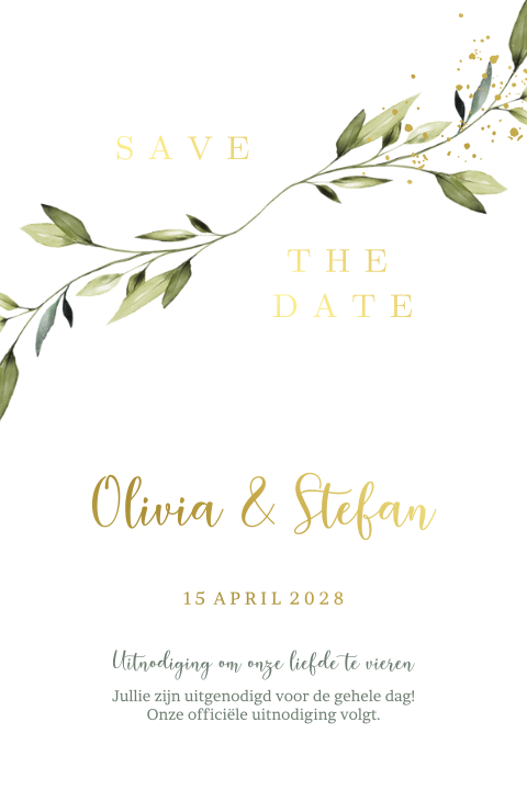 Eucalyptus blad save the date kaart goudfolie