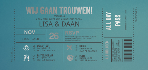 Uitnodiging bruiloft festival ticket met zilverfolie