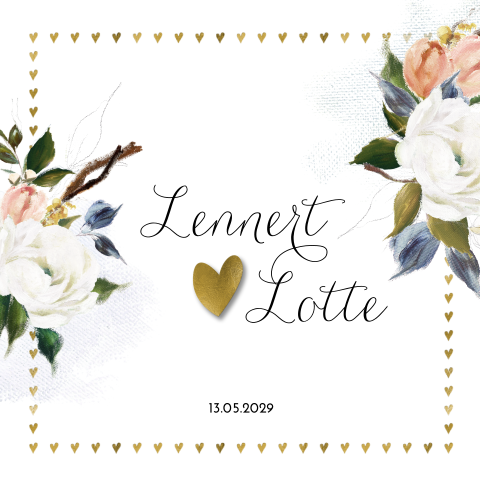 Prachtige trouwkaart met olieverf bloemen en hartjes