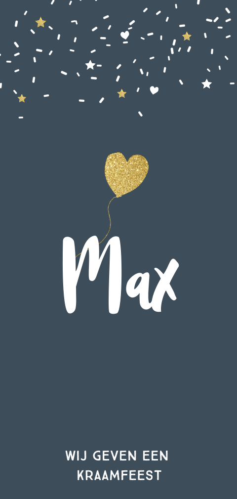 Vrolijke uitnodiging kraamborrel feest in navy blauw met confetti