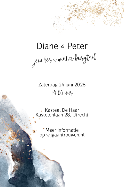 Trouwkaart navy blue watercolor en goudlook met website verwijzing