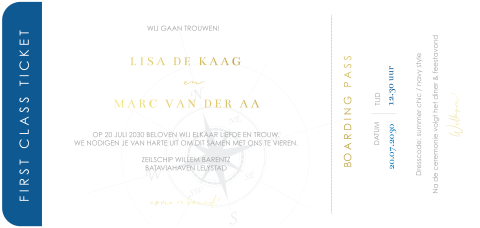 Trouwkaart in vorm van ticket met goudfolie