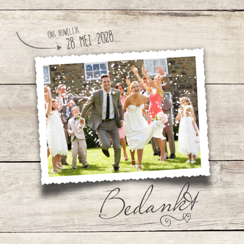 Enkele bedankkaart trouwen met hout en fotokader