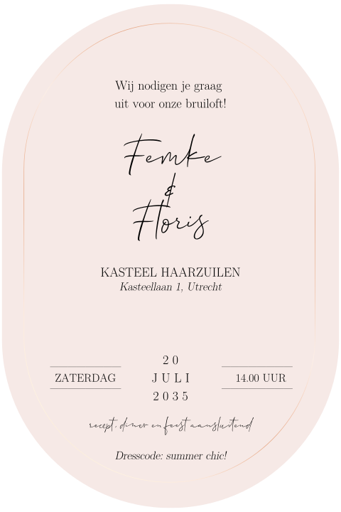 Ovale trouwkaart roze met foliedruk