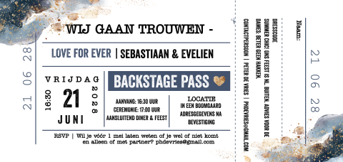 Liggende ticket trouwkaart watercolor blauw