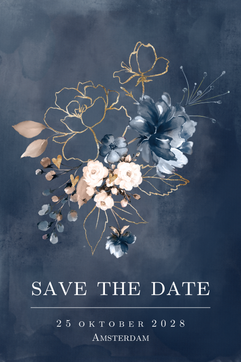 Bonte bloemen navy blauw roze aquarel save the date