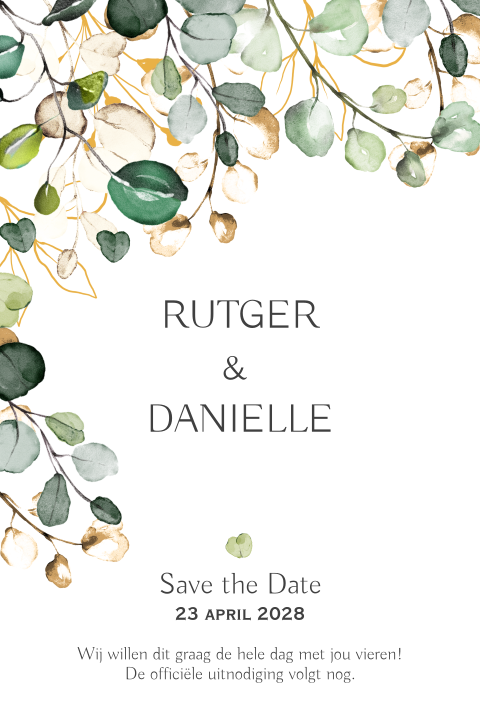 Eucalyptus watercolor leaves save the date trouwkaart