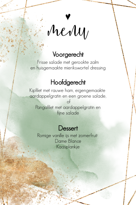 Industrieel menukaart aquarel groen en goudkleur spetters en lijnen