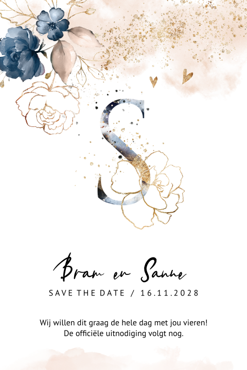 Botanische save the date trouwkaart watercolor initiaal