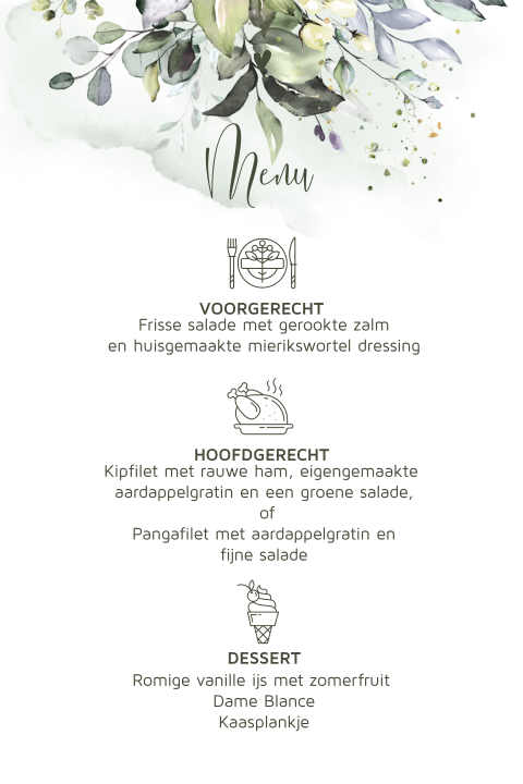 Botanische menu en drank kaart trouwen met icoontjes