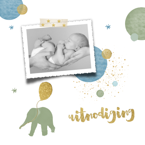 Foto kraamfeest kaartje lief olifantje met goud