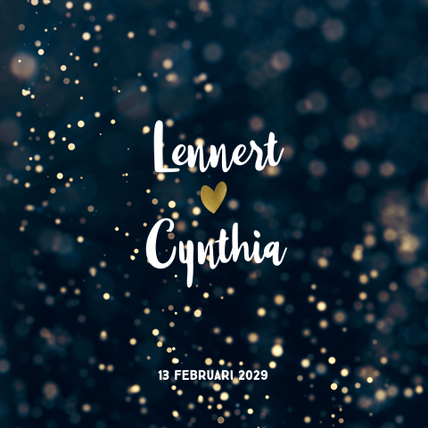 Winter bruiloft kaart donkerblauw lichtjes goud hartje