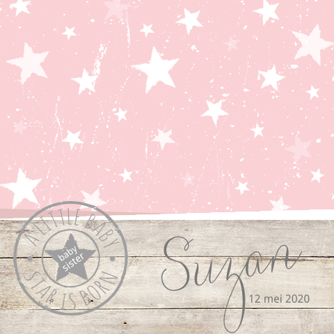 Geboortekaartje zusje vergrijsd hout, sterren en grijze stempel