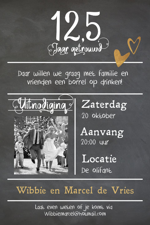 Enkele foto uitnodiging 12,5 jaar getrouwd krijtbord look