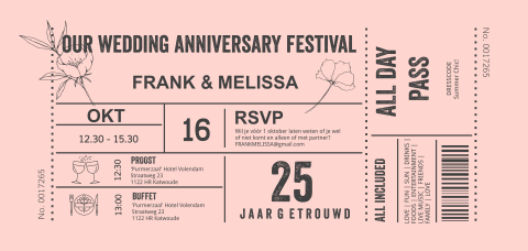 Uitnodiging ticket festival - 25 roze met veldbloem