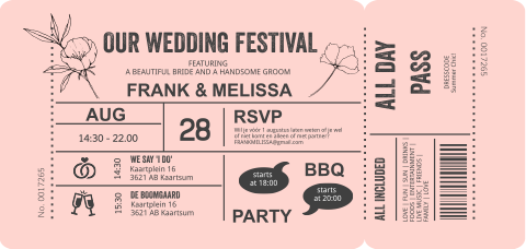 Trouwkaart ticket festival stans roze met veldbloem