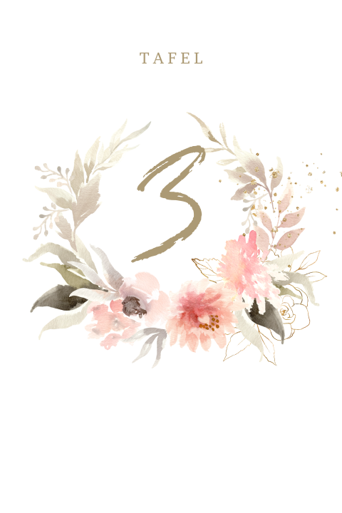 Soft flower tafelkaart nummer watercolor bloemenkrans