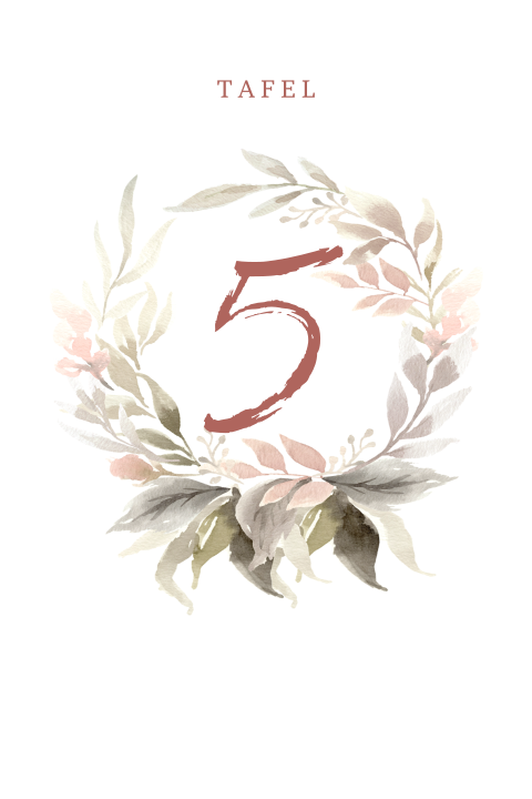 Soft flower tafelkaart nummer pastel watercolor bladkrans