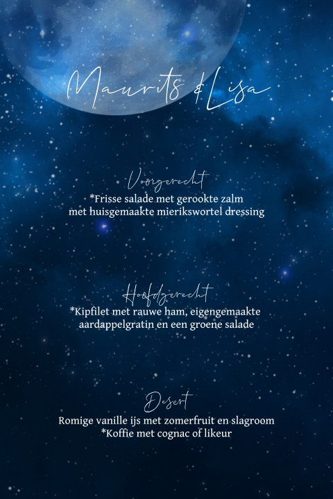 Enkele menukaart met  maan en sterrenhemel