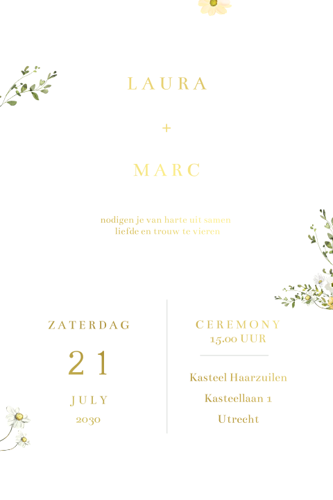 Trouwkaart in typografie stijl met gele en witte bloemen