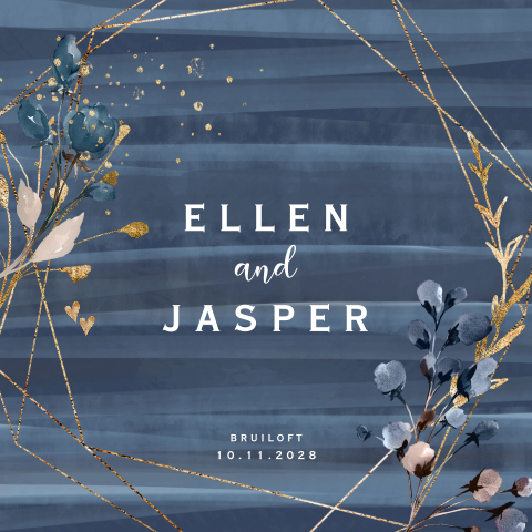 Navy blue watercolor trouwkaart goud look kader bloem