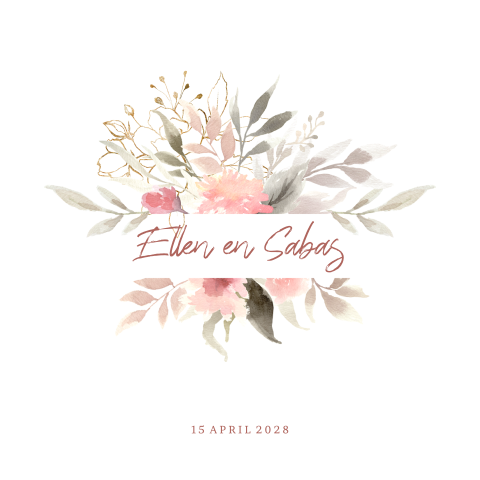 Soft boho flowers watercolor trouwkaart boeket goud look