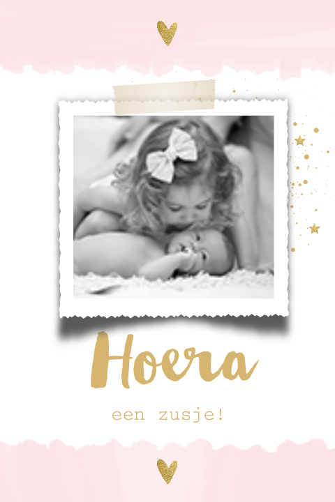 Lief staand foto geboortekaartje zusje met roze watercolor
