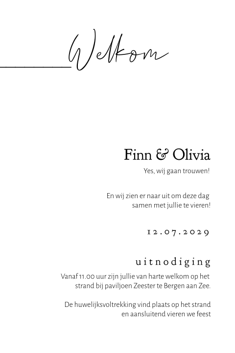 Minimalistische trouwkaart wit beach wedding